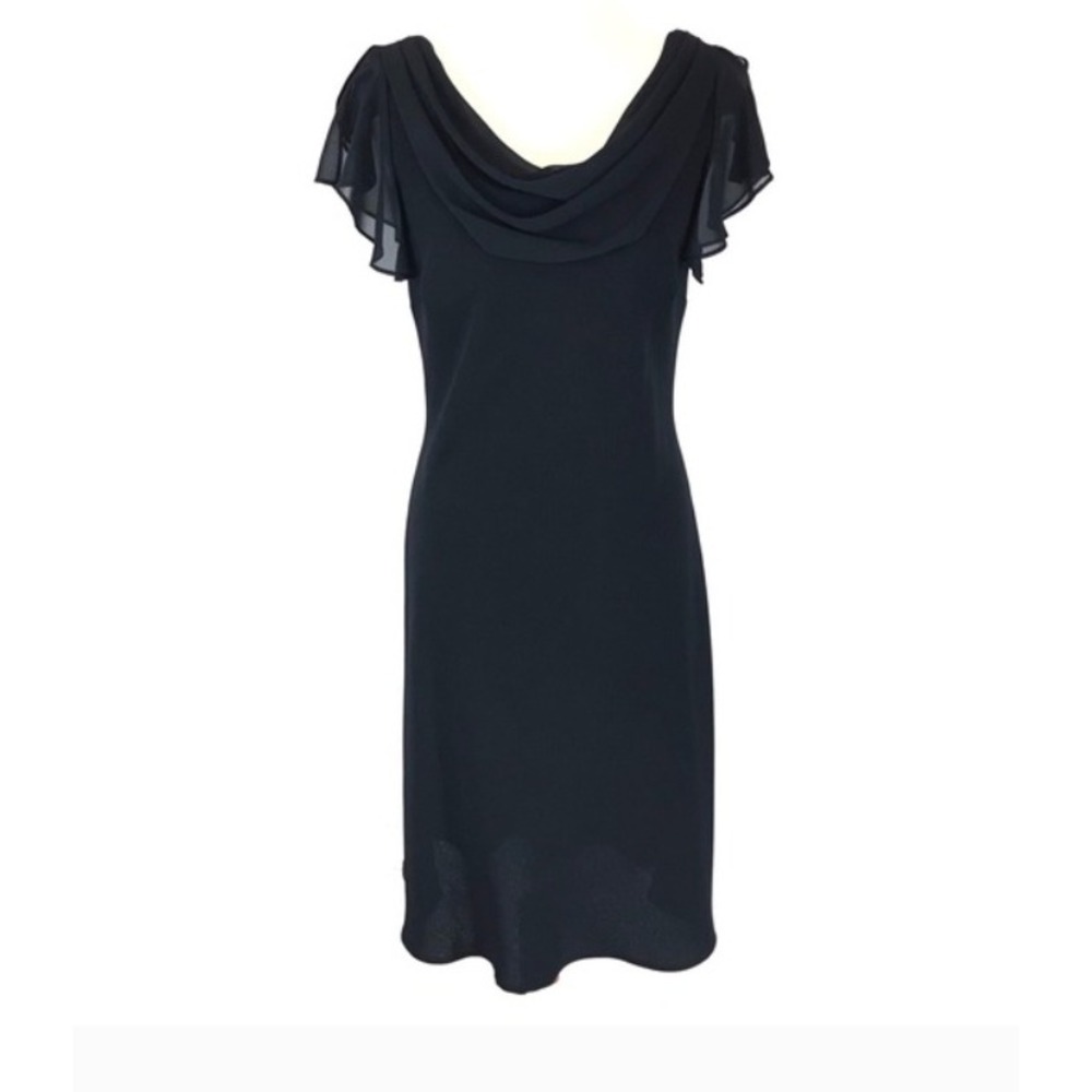 Dressbarn Collection Draped Cowl Neck Dress Womens 6 Black Flutter Sleeve A-Line
